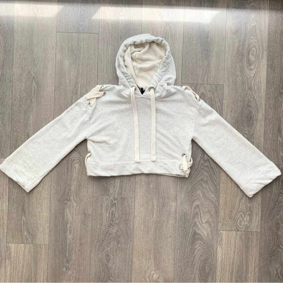 KENDALL & KYLIE Hoodie Sweater Hoody Bell Sleeve Cropped Pullover Oatmeal - Picture 5 of 16